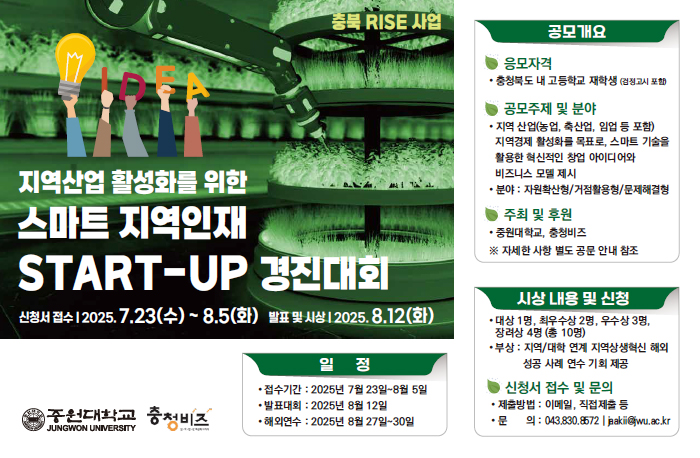 충북 RISE 사업
지역산업 활성화를 위한 스마트 지역인재
START-UP 경진대회
신청서 접수 |2025.7.23(수)~8.5(화) 발표 및 시상 2025.8.12(화)

*공모개요
응모자격-충청북도내 고등학교 재학생(검정고시 포함)

*공모주제 및 분야 -지역 산업(농업, 축산업, 임업 등 포함) 지역경제 활성화를 목표로, 스마트 기술을 활용한 혁신적인 창업 아이디어와 비즈니스 모델 제시
-분야: 자원확산형/거점활용형/문제해결형

*주최 및 후원
중원대학교, 충청비즈
※ 자세한 사항 별도 공문 안내 참조

*시상내용 및 신청
대상 1명, 최우수상 2명, 우수상 3명, 장려상 4명 (총 10명)
부상: 지역/대학 연계 지역상생혁신 해외 성공 사례 연수 기회 제공

*신청서 접수 및 문의
제출방법 : 이메일, 직접 제출 등 •문 의: 043.830.8572|jpakii@jwu.ac.kr

*일 정
접수기간 : 2025년 7월 23일~8월 5일
발표대회 : 2025년 8월 12일
해외연수 : 2025년 8월 27일~30일