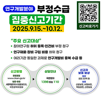 2025.9.15.~10.12.
연구개발분야 부정수급 집중신고기간
”주요 신고대상“
-참여연구원 허위 등록·인건비 부정 청구
- 연구재료·장비 구입 비용 허위 청구
- 여러기관 동일한 과제로 연구개발비 중복 수급 등
신고방법: 
청렴포털: www.clean.go.kr
방문·우편: 세종특별자치시 도움5로 20, 국민권익위원회
상담안내
국번없이 1398또는110
신고자 보호·보상
보상:최대 30억원
보호:신분보장, 비밀보장, 책임감면, 신변보호