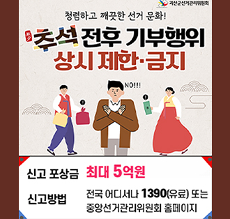 괴산군선거관리위원회
청렴하고 깨끗한 선거 문화!
추석 전후 기부행위
상시 제한 ·금지
신고포상금 : 최대 5억원
신고방법 : 전국 어디서나 1390(유료)또는 중앙선거관리위원회 홈페이지