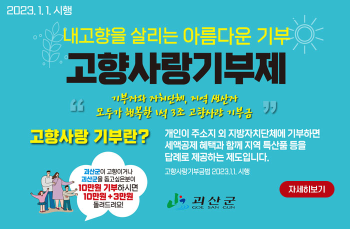 내 고향을 살리는 아름다운 기부
고향사랑기부제

고향사랑기부란?
개인이 주소지 외 지방자치단체에 기부하면 세액공제 혜택과 함께 지역 특산품 등을 답례로 제공하는 제도입니다.
(고향사랑기부금법 2023 1. 1. 시행)

기부자와 자체단체, 지역 생산자
모두가 행복한 1석 3조 고향사랑 기부금