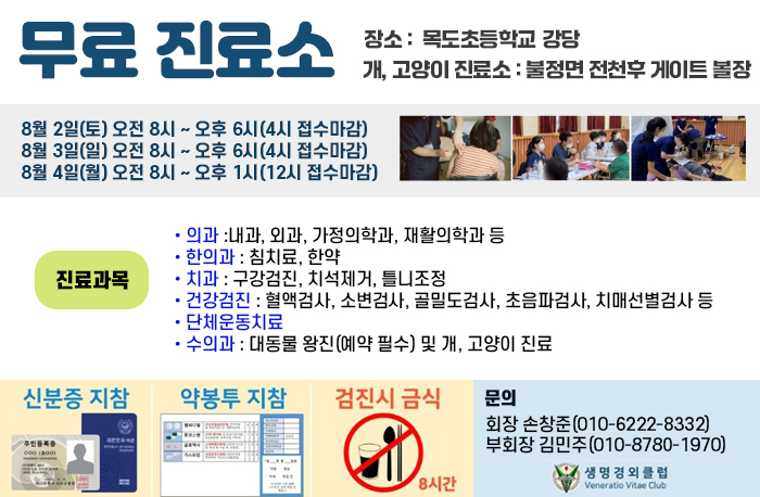 무료 진료소
장소 :  목도초등학교 강당
개, 고양이 진료소 : 불정면 전천후 게이트 볼장
8월 2일(토) 오전 8시 ~ 오후 6시(4시 접수마감)
8월 3일(일) 오전 8시 ~ 오후 6시(4시 접수마감)
8월 4일(월) 오전 8시 ~ 오후 1시(12시 접수마감)

진료과목
• 의과 :내과, 외과, 가정의학과, 재활의학과 등
• 한의과 : 침치료, 한약
• 치과 : 구강검진, 치석제거, 틀니조정
• 건강검진 : 혈액검사, 소변검사, 골밀도검사, 초음파검사, 치매선별검사 등
단체운동치료
• 수의과: 대동물 왕진(예약 필수) 및 개, 고양이 진료
         수의과 진료과목은 별도 수의과 포스터 참고

신분증지참, 약봉투 지참, 검진시 금식(8시간)
문의 
회장 손창준(010-6222-8332)
부회장 김민주(010-8780-1970)
로고:생명경외클럽