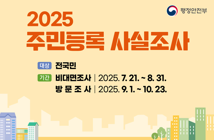 2025주민등록사실조사
대상:전국민
기간: 
비대면조사:2025.7.21.~8.31.
방문조사:2025.9.1.~10.23.