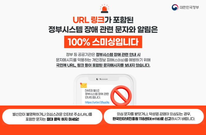 URL 링크가 포함된 정부시스템 장애 관련 문자와 알림은 100% 스미싱입니다
정부 등 공공기관은 정부시스템 장애 관련 안내 시 문자메시지를 악용하는 개인정보 피해(스미싱)를 예방하기 위해 국민께 URL, 링크 등이 포함된 문자메세지를 보내지 않습니다.

- 발신인이 불명확하거나 의심스러운 인터넷 주소(URL)를 포함한 문자는 절대 클릭하지 마세요!
- 의심 문자를 받았거나, 악성앱 감염이 의심되는 경우, 한국인터넷진흥원 118센터(118)로 신고하시기 바랍니다.