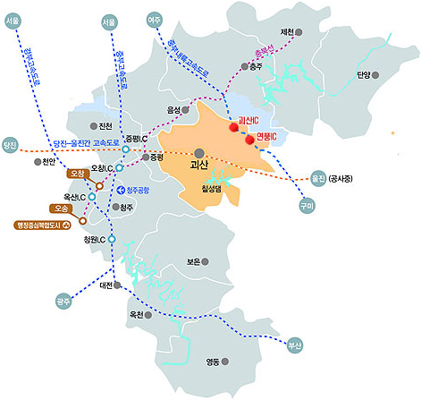 괴산의 접근성은 수도권1시간, 청주권 30분, 충주권20분, 대전권 1시간으로 접근성이 우수합니다. 자세한 설명은 위에서 설명(최적의 접근성)하였습니다.