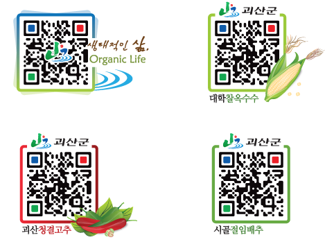 괴산군청의 QR코드는 총 4가지 타입으로 디자인되어있습니다. 첫째줄 왼쪽은 괴산군의 CI를 활용한 디자인, 오른쪽은 괴산대표농산물 옥수수를 활용한 디자인, 두번째줄 왼쪽은 괴산의 대표농산물 고추를 활용한 디자인, 우측은 괴산의 대표농산물 절임배추를 타이틀로 활용한 디자인입니다. 디자인은 각4가지 이지만 URL주소는 괴산군청 공식홈페이지(http://www.goesan.go.kr/)로 모두 동일합니다.